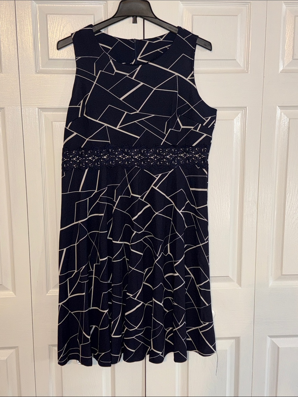 Sleeveless Navy Geometric Fit-and-Flare Dress